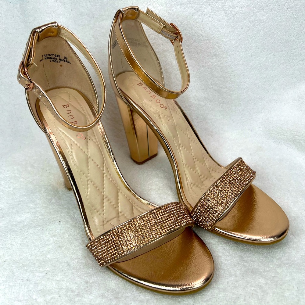 Bamboo, rose gold metallic ankle strap heel